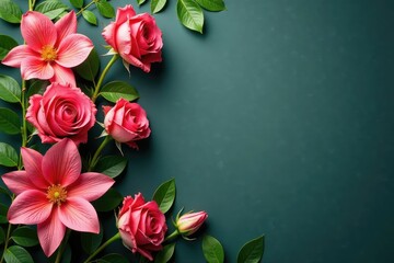 Fototapeta premium Intricate blooming roses & lilies, lush green leaves , textile, floral pattern, antique tapestry