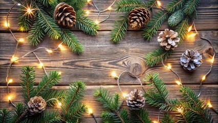 Warm Festive Lights and Pine Cones Adorn Rustic Wooden Surface for a Cozy Winter Holiday Atmosphere