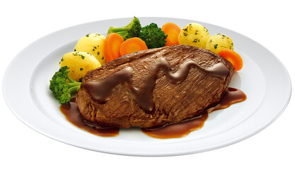 filé de carne bovina grelhado acompanhado de legumes na manteiga e ervas isolado em fundo transparente