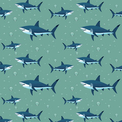 Pattern with sharks and bubbles.Vector seamless pattern with sharks on a blue background with bubbles.