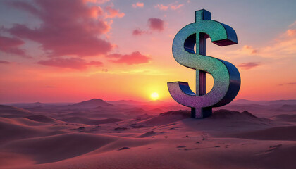 A prominent dollar sign standing out in a desert landscape at dusk, symbolizing value and financial opportunity amidst scarcity.