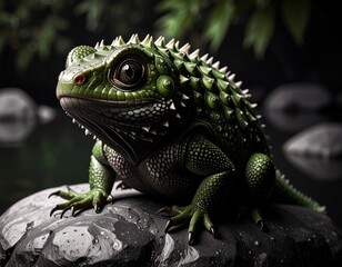 Obraz premium Portrait of Imaginary Green Lizard on a Rock