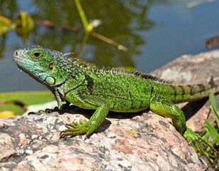 Fototapeta premium Portrait of Green Iguana on a Rock