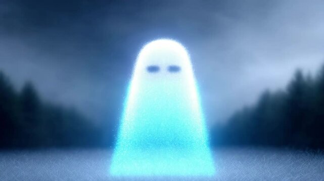 Mystical Ghost in Ethereal Landscape: An ethereal ghost figure materializes amidst a tranquil, moody landscape, its glowing form emitting an aura of mystery and intrigue.