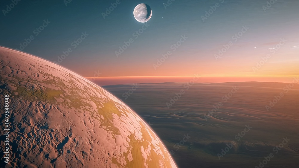 Poster a breathtaking 3d rendering of a distant planet bathed in soft light, featuring a large moon in the 