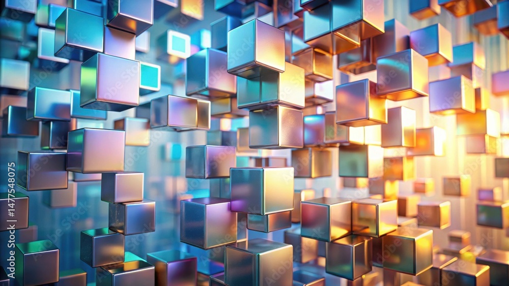 Poster A vibrant array of iridescent cubes, floating in a dynamic three-dimensional space, evokes a sense of modern technology and abstract design