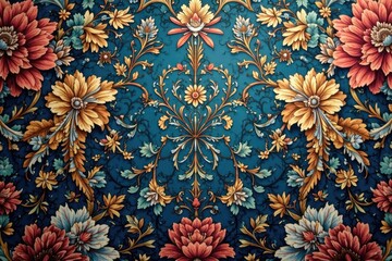 Intricate floral damask textile, faded elegance, pattern, old, surface