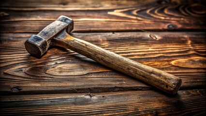 A well-worn hammer rests on a rustic wooden surface, showcasing the tool's age and history through its weathered appearance and the rich texture of the wood.