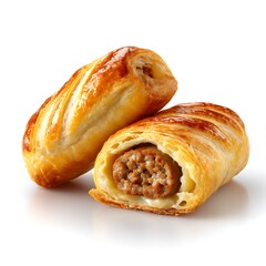 A photograph of two sausage rolls on a white background