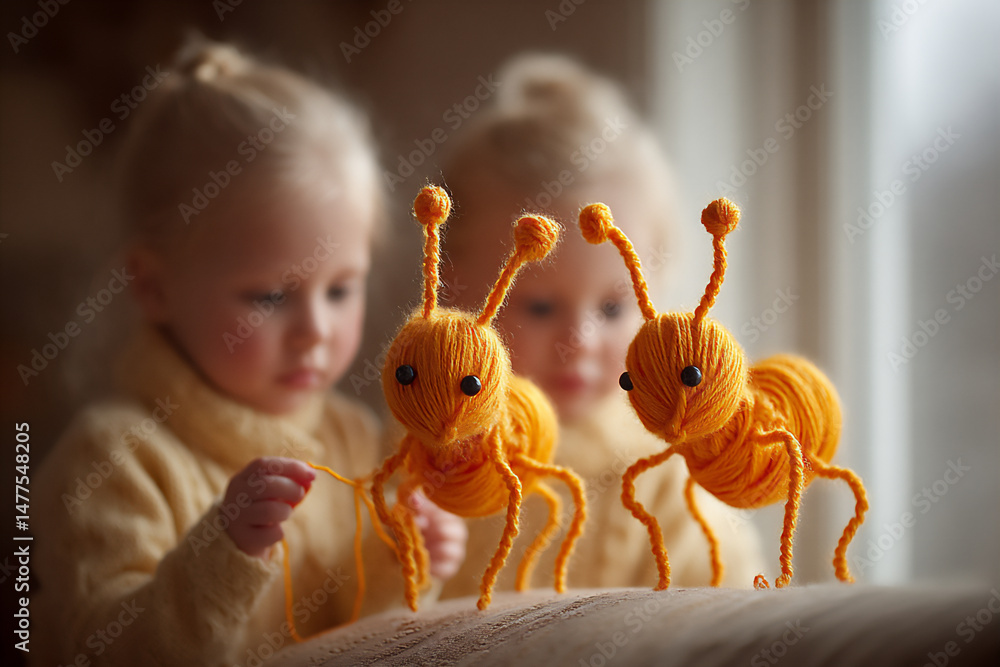 Poster children are making simple insect models with twigs and yarn.