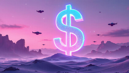 Retro Futuristic Dollar Sign on Alien Planet 