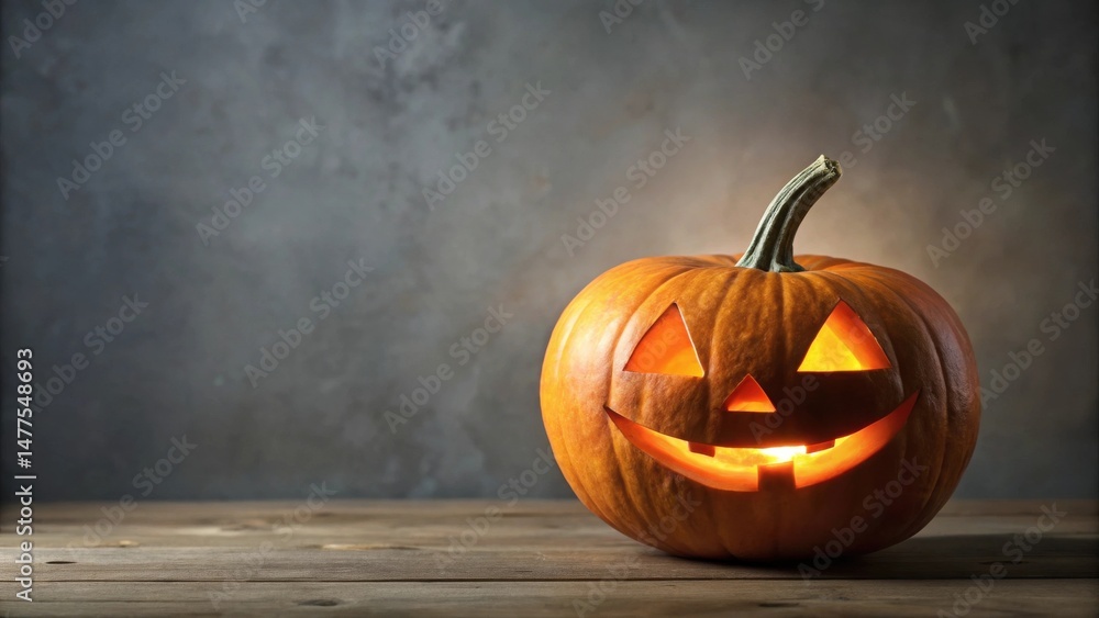 Poster illuminated autumnal gourd with carved facial features rests on rustic wooden surface against a text
