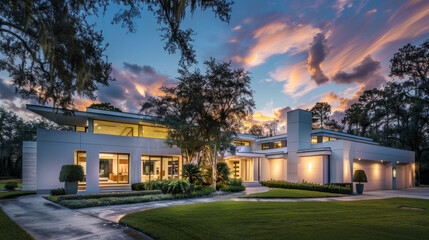Modern home exterior twilight architectural design