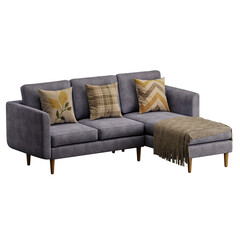 A gray sectional sofa with pillows and a blanket on it