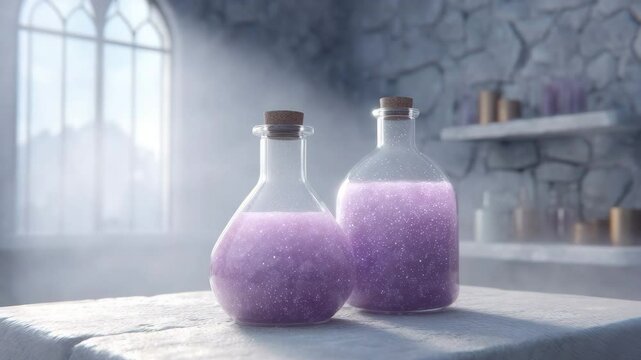 Potion Bottles: A spellbinding image of two potion bottles, each holding a mystical purple concoction. Bathed in ethereal light, these enchanting vials evoke a sense of magic and mystery.