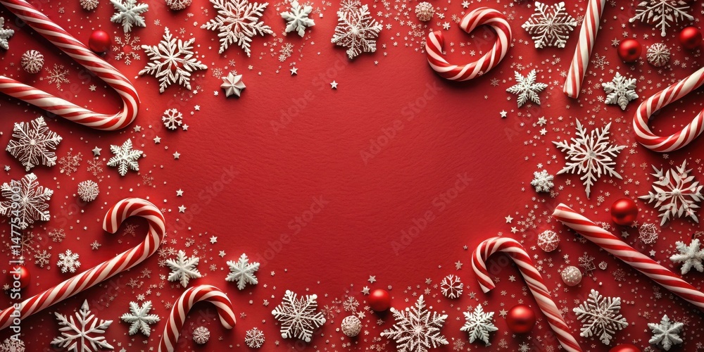 Aufkleber a festive holiday background featuring candy canes and sparkling snowflakes on a red surface