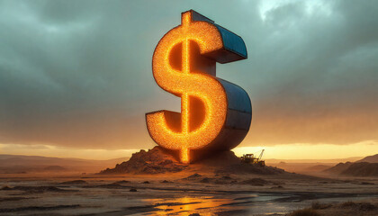 A monumental glowing dollar sign stands boldly on a desolate landscape, its radiant illumination symbolizing the powerful concept of wealth and finance. A thought-provoking exploration of value.
