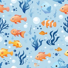 Fototapeta premium seamless underwater cartoon pattern of fish and sea creatures, soft gradients, cute faces, and bright aquatic colors