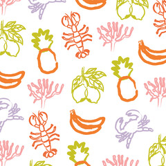 Tropical summer doodle seamless pattern. Hand drawn coral, crab, lobster, banana, pineapple and lemon design for textile, backgrounds, presentations, wrapping papers, prints, artworks.