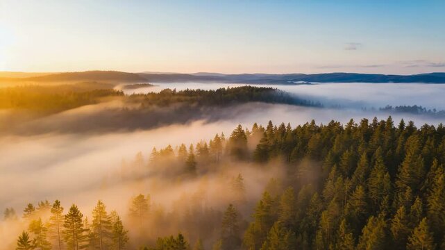 Aerial view of lush evergreen forest and rolling hills swathed in morning mist during sunrise