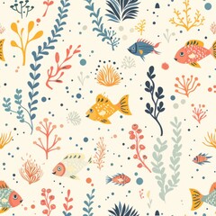Obraz premium seamless underwater cartoon pattern of fish and sea creatures, soft gradients, cute faces, and bright aquatic colors