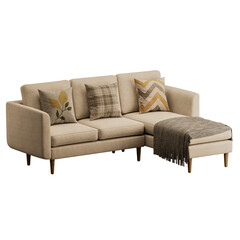 A tan couch with a blanket draped over the back