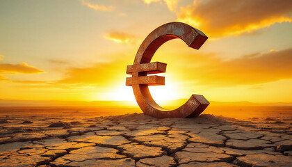 A large euro symbol stands in a cracked, dry desert landscape at sunset, symbolizing economic hardship and environmental challenges.