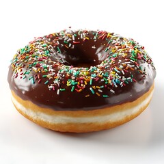 A single chocolate glazed donut covered in sprinkles is isolated on a white background