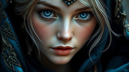 Close-up digital painting portrait of a woman with light eyes, wearing a hooded blue garment and ornate gold fantasy headpiece and details.