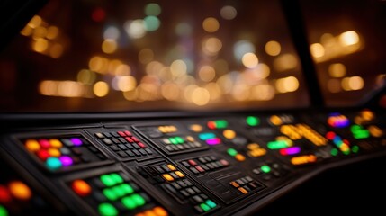 Control panel adorned with illuminated buttons and switches creating a vibrant visual symphony amidst a blurred backdrop showcasing modern digital technology and interaction design