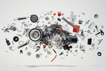 Exploded View Of Disassembled Engine Components On A White Background