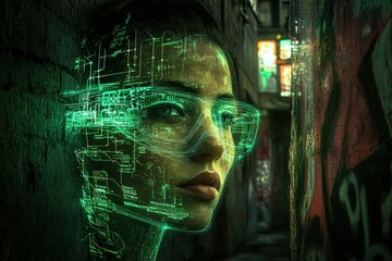 Digital overlay on a woman in an urban alleyway.