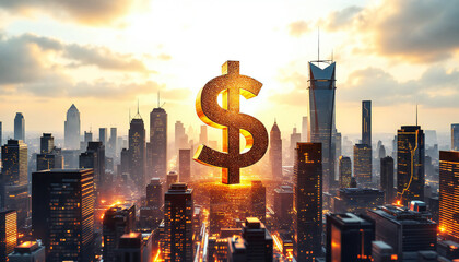 The radiant symbol of a dollar illuminates a cityscape at sunrise, representing the power of financial wealth. Capturing the essence of economic strength.