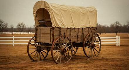 Historic Covered Wagon in Field, Old West Landscape for history concepts, travel themes, editorial use
