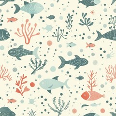 seamless underwater cartoon pattern of fish and sea creatures, soft gradients, cute faces, and bright aquatic colors