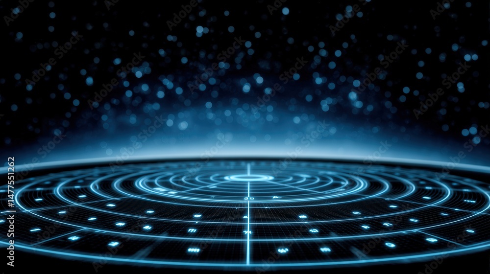 Poster captivating digital representation of a circular grid pattern illuminated by blue lights against a d