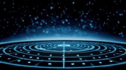 Fototapeta premium Captivating digital representation of a circular grid pattern illuminated by blue lights against a dark cosmic background emphasizing innovation and high-tech exploration