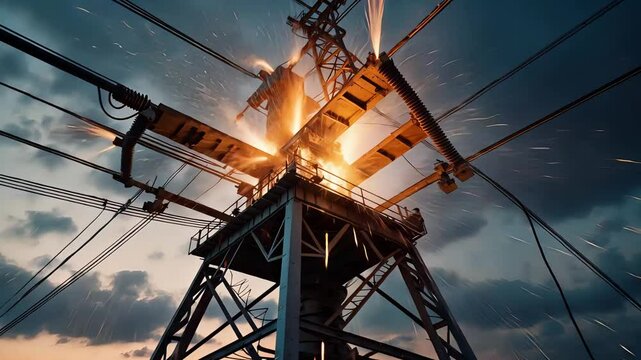 High-voltage electric power transmission tower emitting sparks at twilight with dramatic sky and steel structure viewed from low angle

