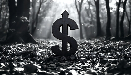 A monochrome image captures a striking Dollar symbol amidst a forest, representing economic concepts, financial growth, and nature's value.