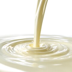 A stream of white chocolate is shown pouring and pooling on a white background