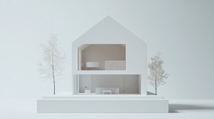 Minimalist white house cutaway model with trees.