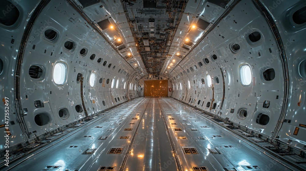 Poster a high tech aerospace setting showcases a sleek, empty aircraft fuselage with metallic surfaces, bri