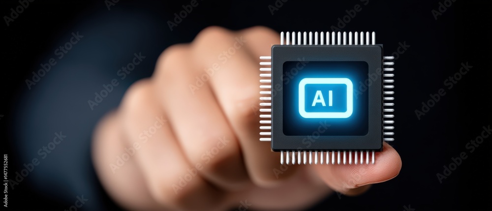 Poster a hand holding a microchip with ai symbol glowing brightly while illustrating the intersection of te