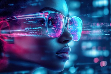 Digital future woman in futuristic glasses.
