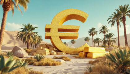 Giant golden euro symbol rests amidst desert landscape, surrounded by gold bars, evoking wealth and prosperity.