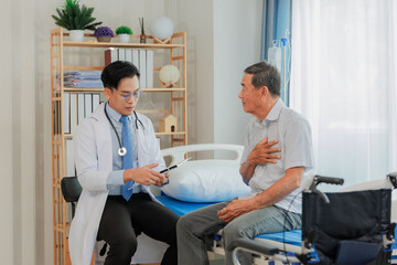 Elderly male patient consults a cardiologist after experiencing chest pain, seeking diagnosis and...