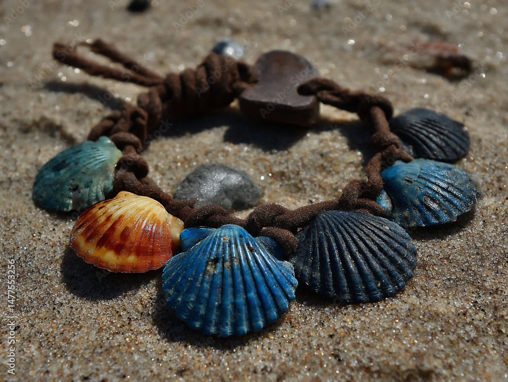 Poster summer anklet made of seashells and strings.