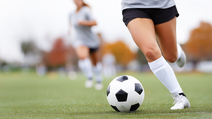 Fototapeta premium Female football player dribbling ball during women's soccer game