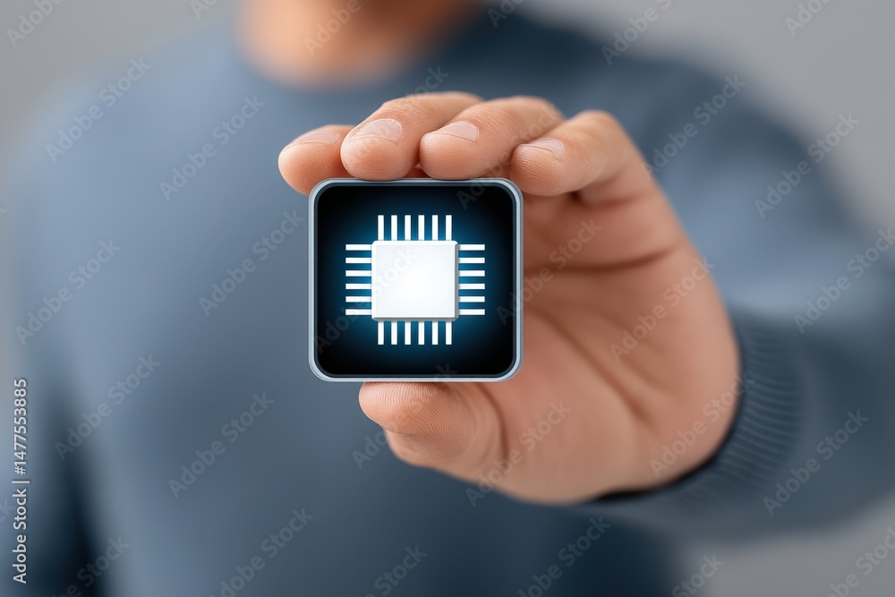 Poster a focused individual proudly presenting a futuristic microchip symbolizing innovation and technology