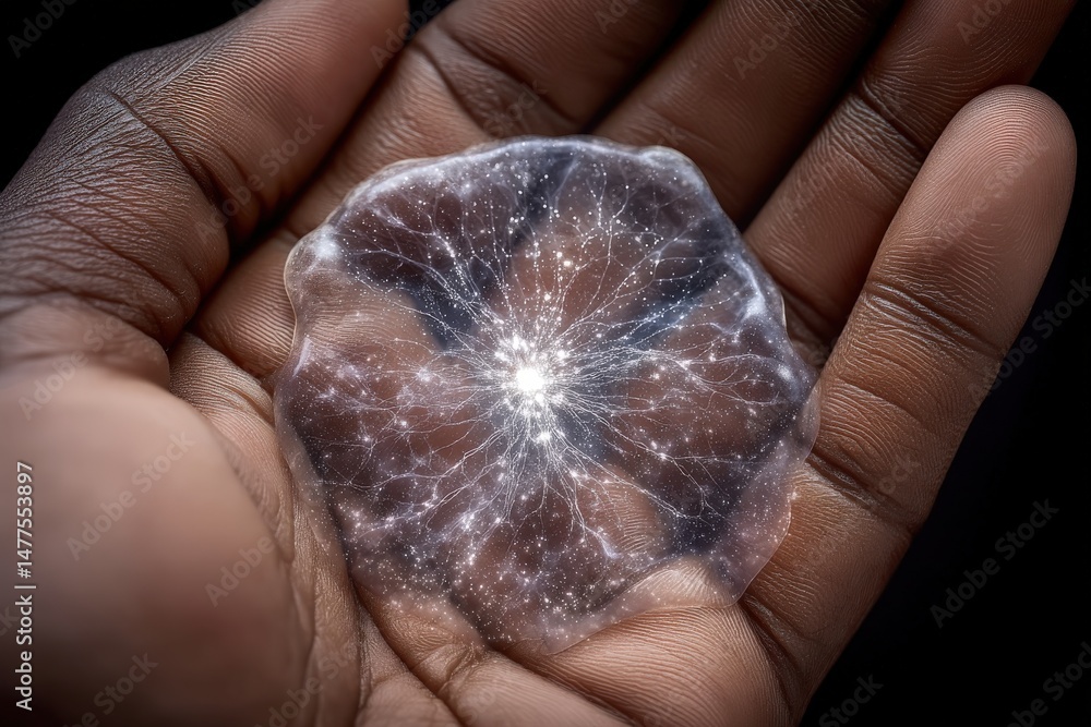Poster a delicate hand holding a transparent, ethereal orb filled with intricate glowing patterns and cosmi